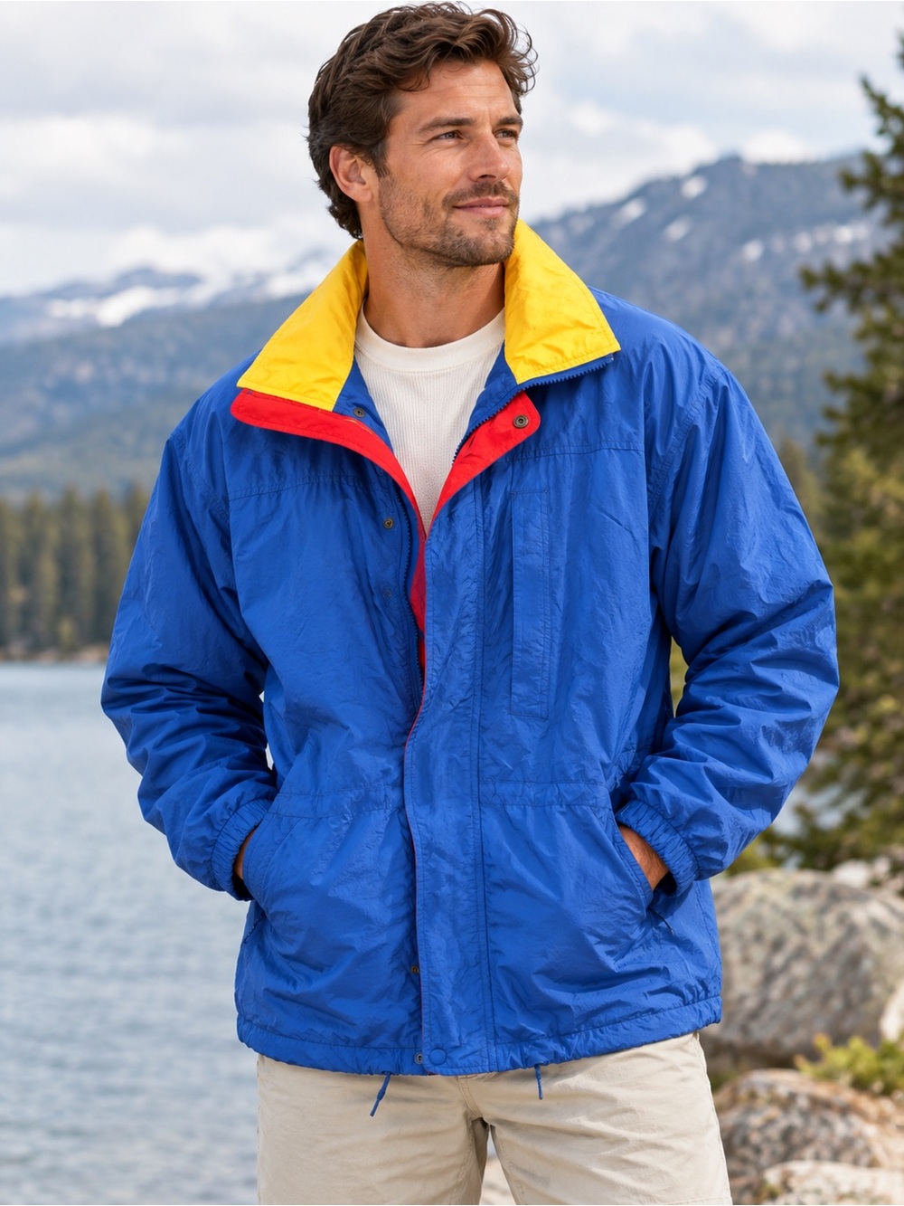 Vintage 1980’s Eddie Bauer Blue Shell Jacket with Yellow Collar and Red Trim